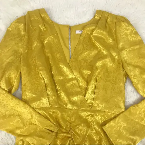 WAYF Yellow Gold Snake Print Long Sleeve Mini Dress Ruched Low Cut Large New