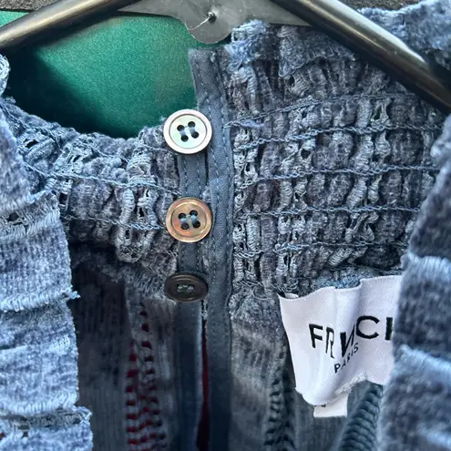 FRNCH  Paris blue high neck smocked cuffs striped blouse size small