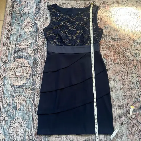Connected Apparel Navy Blue Sequins Lace Sheath Dress Tiered Skirt Size 8
