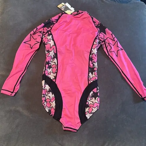 Women’s Pink with Stars Design Long Sleeve Swimsuit Rashguard Size S NWT