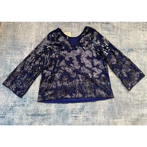 NWT! La Bellum Hillary Scott Indigo Sequin Lace Tie Neck Blouse 2x Purple