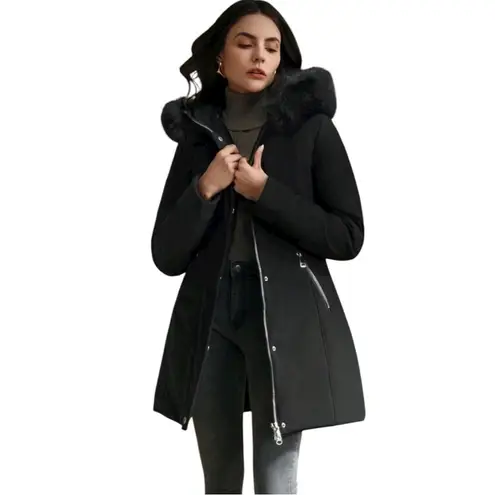 🆕Anewsta Women's Black Mid Length Cinched Waist Hooded Jacket Size L