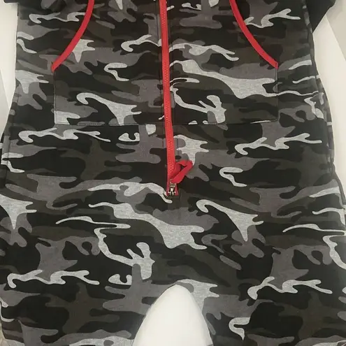 Womens Adult Small Lounge Long Johns Fleece Hooded Jumpsuit Drop Crotch Camo Gray