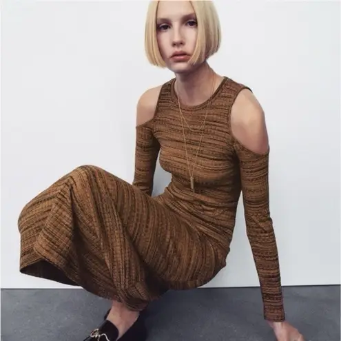 ZARA  Brown Knit Cold Shoulder Long Sleeve Midi Dress Size S New NWT Ribbed
