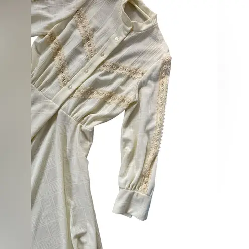 Vintage 70s Yellow Hippie Boho Western Floral Lace Long Sleeve Flowy Midi Dress Size L