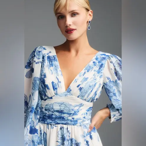Anthropologie  BHLDN Long Sleeve Chiffon Blue Floral Maxi Dress Size Medium