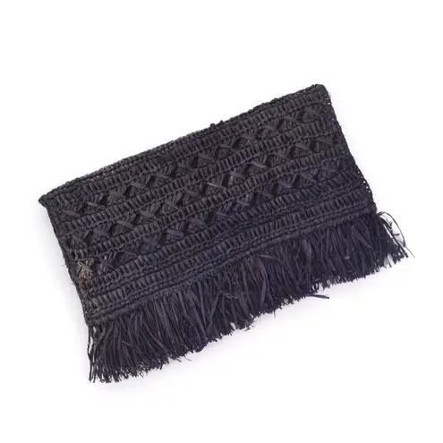 NEW Mar Y Sol Lisette Crocheted Raffia Straw Fringe Clutch Wallet Navy Blue