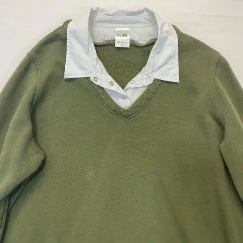 Blair Faux Layered Sweatshirt XL olive green white button down collar women’s