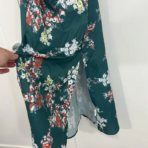 Medium Green, White Floral Tie Front Faux Wrap Midi Dress Green