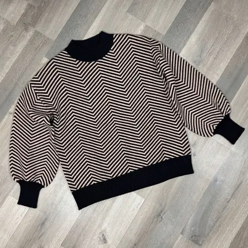 Zesica Chevron Stripe Lantern Sleeve Mock Neck Sweater Tan Black Large