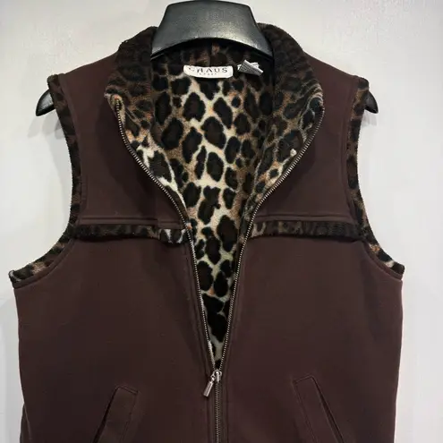 CHAUS NEW YORK Chaus Sport Brown Vest With Animal Print Fleece Lining & Trim Size Small