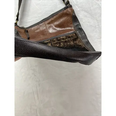 The Sak Iris Leather Crossbody Satchel bronze glitter panels stitching detail