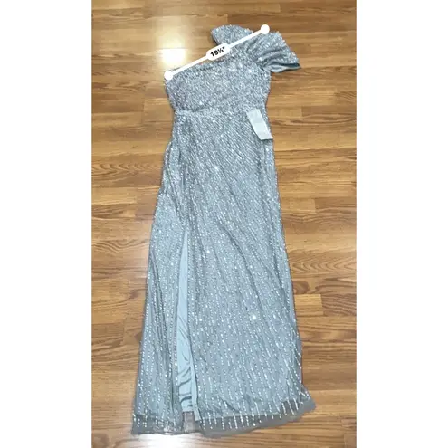 Mac Duggal 5622 Silver Sequin One-Shoulder Gown Evening Formal Dress Size 12