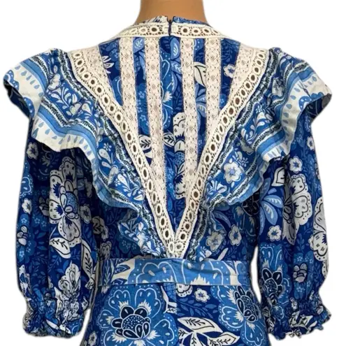 Farm Rio Full of Flowers Floral Jumpsuit Blue White Crochet Trim V Neck Boho