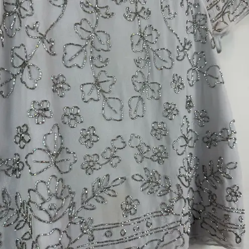 Needle & Thread Top Womens 4 Gray Floral BeadedShort Sleeve Blouse Spring Motif