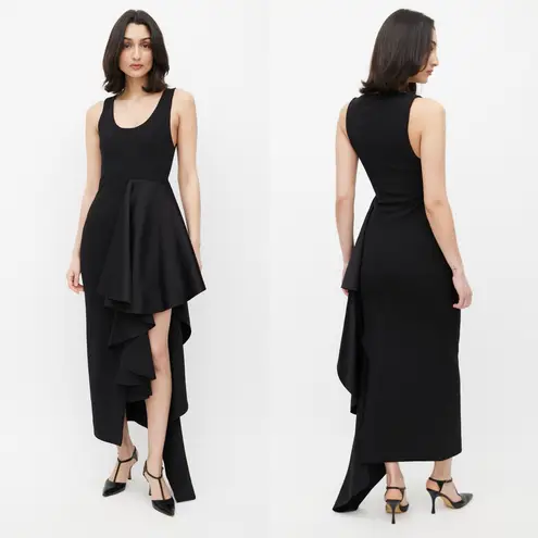 Solace London Naya Satin Side Asymmetric Ruffle Maxi Dress Black Sz XS