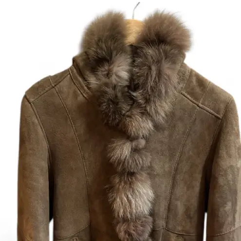 Fur trimmed coat suede leather luxurious womens Coat button up vintage bohemian Brown - Image 2