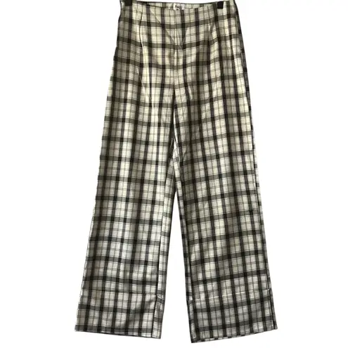 Princess Polly  Euros Plaid Wide Leg Trousers Pants Size 6 Black Cream Checkered