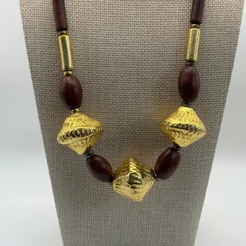 Wood Beaded Necklace Chunky Gold Tone Accent Statement Jewelry Brown