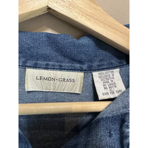 Vintage Lemon Grass 100% Cotton Denim Button Up Shirt Sz XL Embroidered 90s Y2K Blue