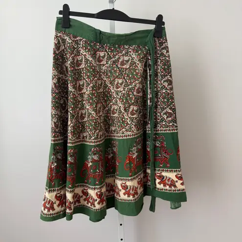 Vintage Wrap Skirt Bohemian Elephant Print Cotton Midi Skirt sz One Size Green