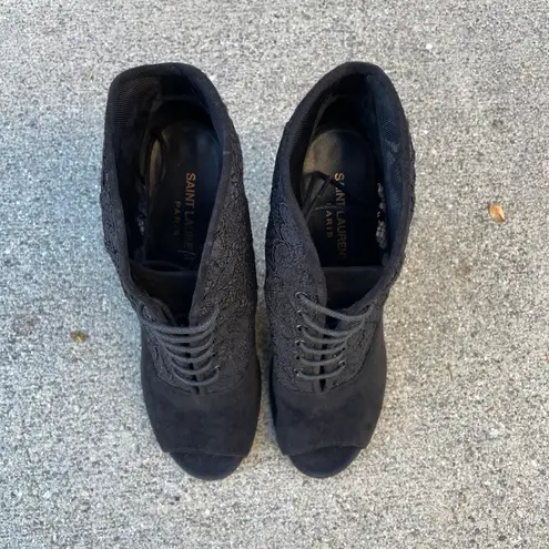 Saint Laurent Jane black suede and lace open toe lace-up booties size IT 37