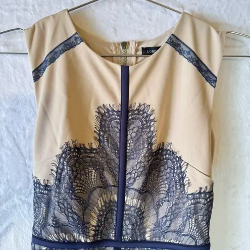 London Dress Company Nude Navy Lace Eyelash Fringe Sleeveless Dress Whimsigoth Tan Size 4