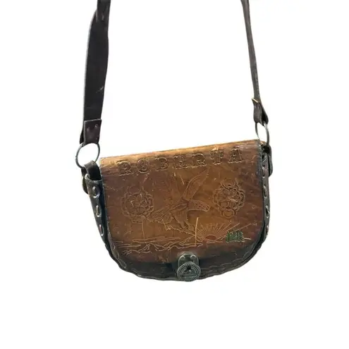Roberta Vintage Brown Tooled Leather Saddle Bag Purse Floral Design Brown