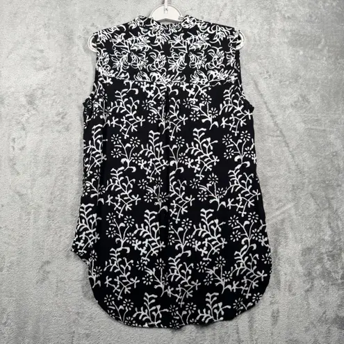 Soft Surroundings Sleeveless Blouse Tunic M Black White Rayon Boho Floral Print