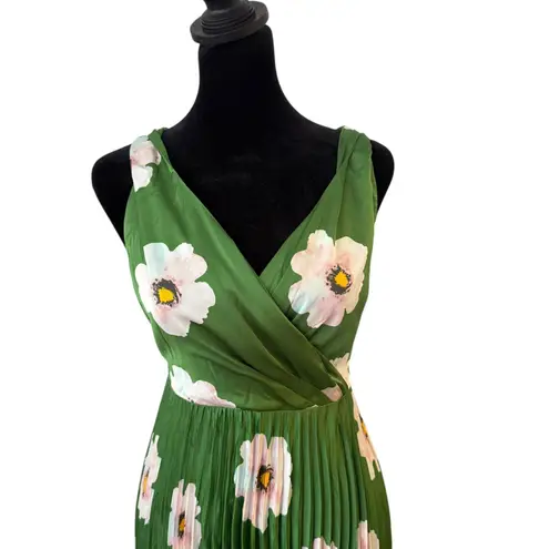 Mes Amies Green Floral Print Pleated Midi Dress Women Size 8 Garden Party Satin