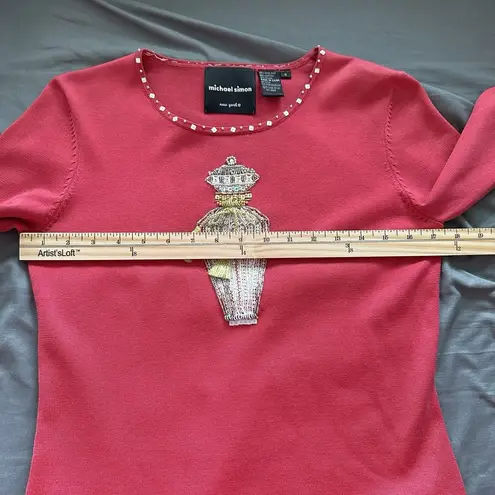 Michael Simon Red Silk Sweater S Perfume Beaded Knit Y2K Whimsical Statement Top