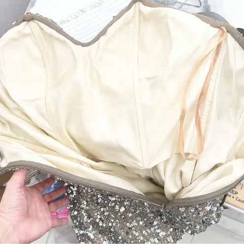 Scala Dress SMALL Silver Nude Strapless Sweetheart Silk Embellished Cocktail NEW
