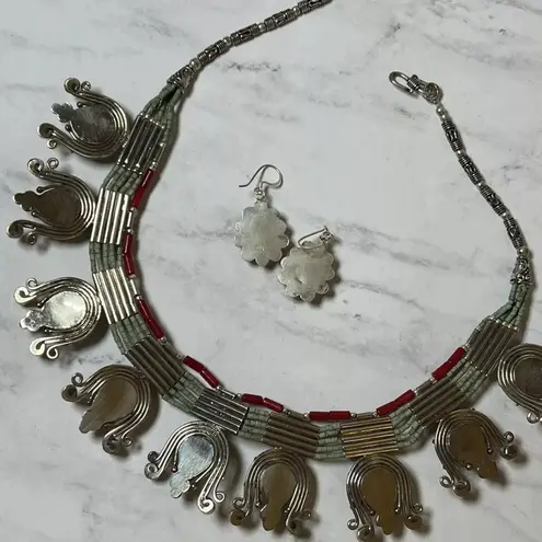 Vintage Turquoise & Coral Sterling Silver Necklace & Earrings Beaded Native