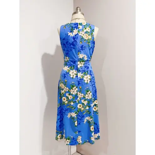 London Times Women's Blue Floral-Print Pleated Keyhole-Neck Midi Dress Size 10