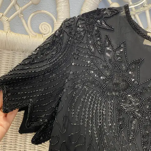 Vintage 80s Denise Elle Black Beaded Silk Top S Art Deco Sequin Evening Blouse Size L