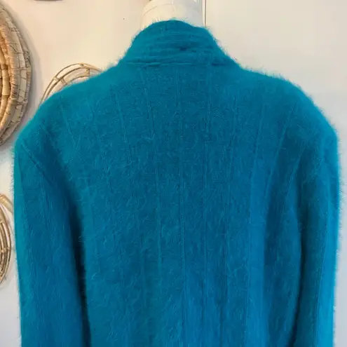 Vintage Teal Angora Blend Oversized Cardigan Open Front Knit Sweater Coat XL Blue