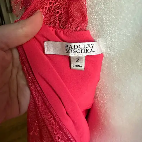 Badgley Mischka | Pink Red Tiered Pleated Lace Bell Sleeve Dress | Size 2