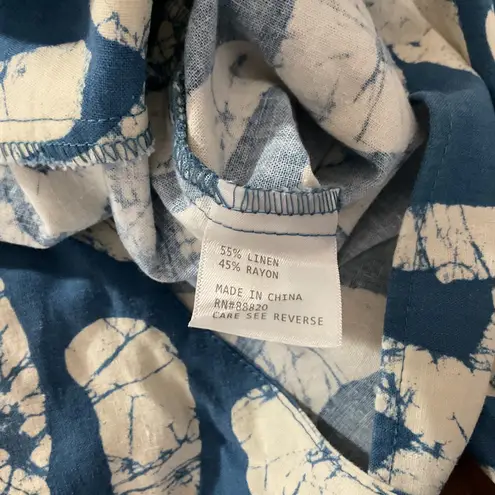 Haute Hippie Blue White Abstract Batik Print Tie Front Linen Rayon Shirt Top S