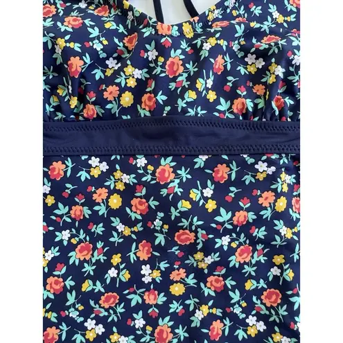 Lands End floral ditsy blue laced back tankini top UPF 50 size 12D No Pads