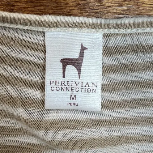Peruvian Connection Tunic Top Womens Medium Beige White Striped Flowy Sharkbite