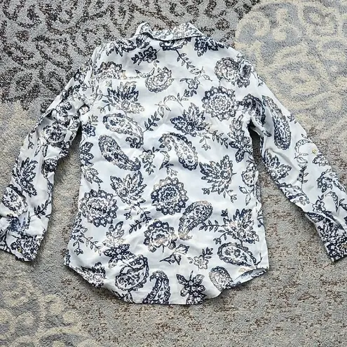 Charter Club Weekend Collection Linen Paisley Print Top White Navy Small