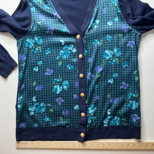 Isaac Mizrahi Live! Estate Mixed Media Cardigan Medium Blue Floral Houndstooth