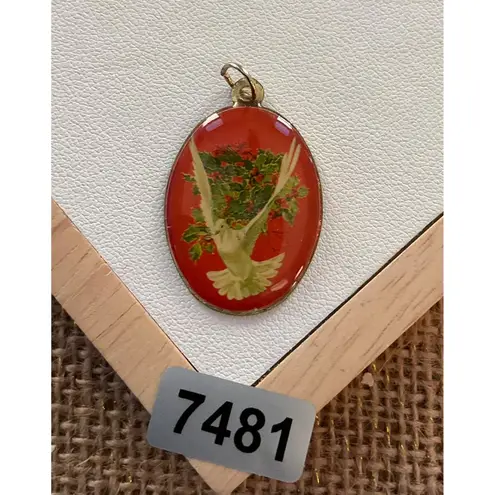 Vintage Brass Oval Pendant With White Dove & Holly Design