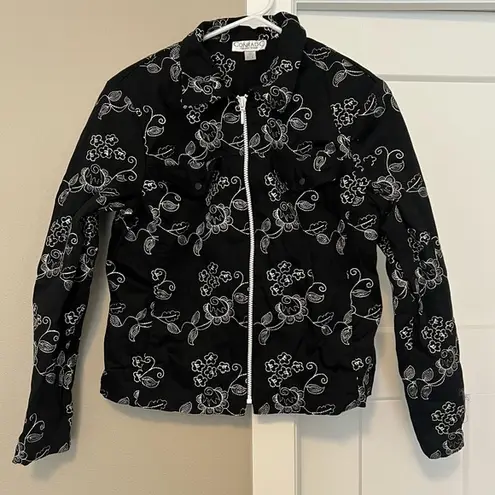 Black and White Floral Bomber Jacket with Ribbed Cuffs Size 12
