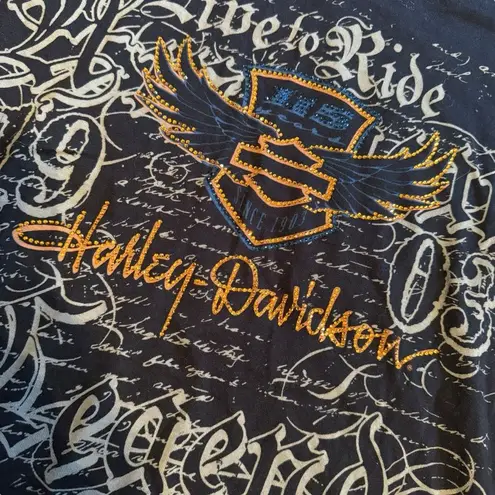 Harley Davidson Size S Live To Ride Rhinestone Bedazzled Tee Black AOP Bling
