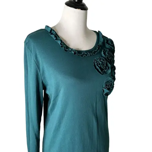 Van Heusen Floral Applique Top Womens L Green Ruffle Feminine Romantic Blouse