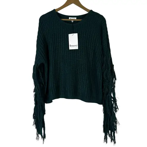 NWT &Merci Fringe Sleeve Sweater Size L Green Chunky Knit Textured Boho Western