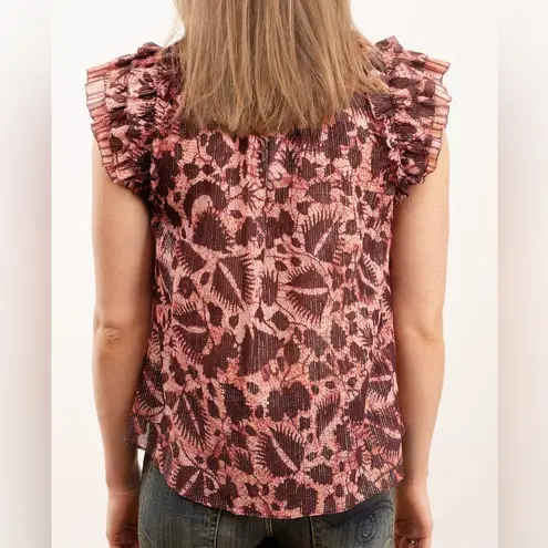 Ulla Johnson Dira Top Bordeaux Metallic Ruffle Size 6 Flutter Sleeve Tassel Tie