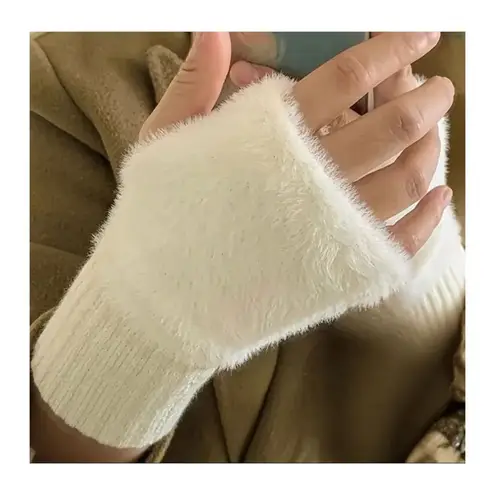 Cozy White Fuzzy Fingerless Winter Gloves Women’s Soft Warm Hand Warmers