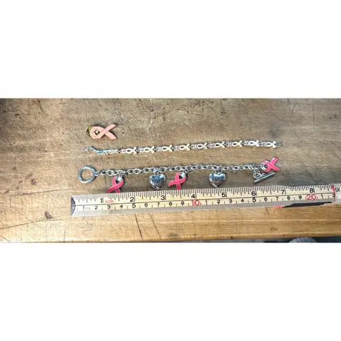 Breast Cancer Awareness Pink Ribbon Jewelry Set W/ Bracelet & Pin Silver & Pink